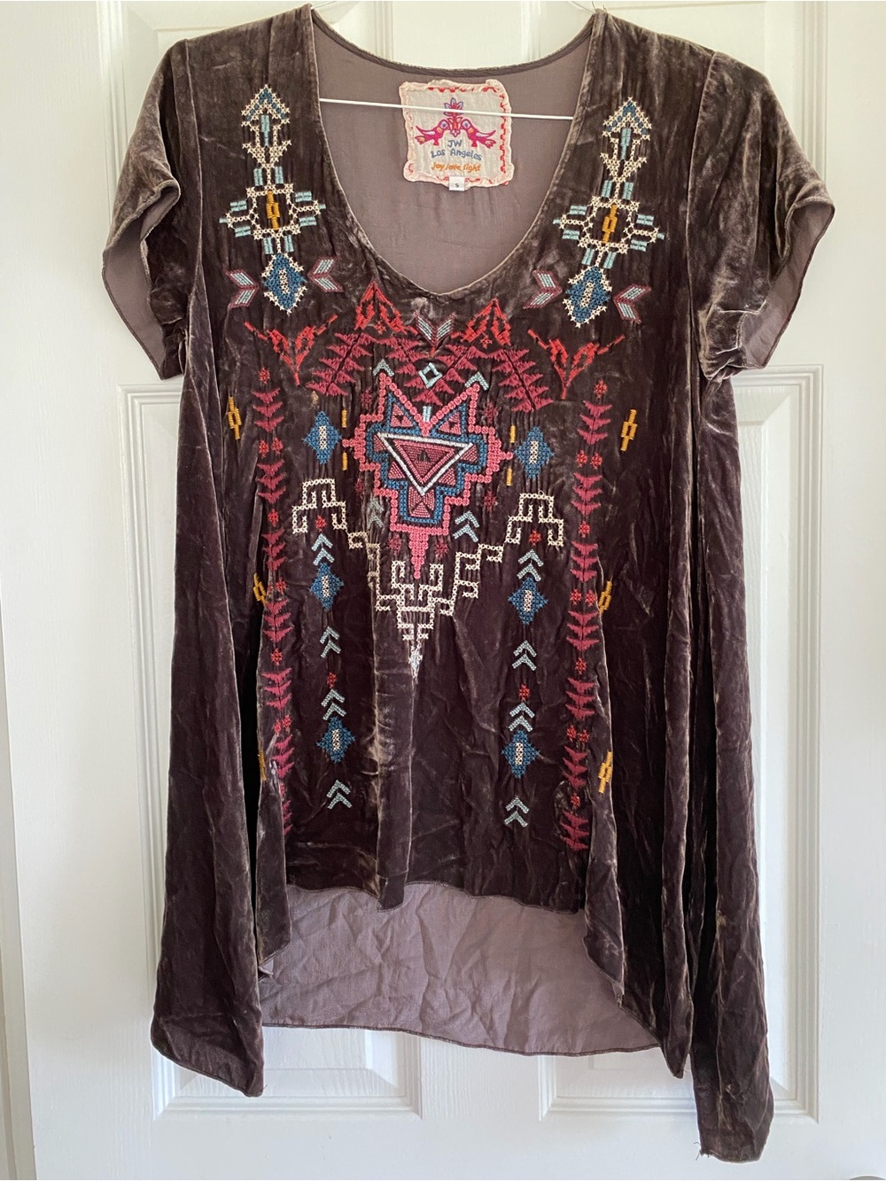 Boho Velvet Embroidered Tunic Top - Brown